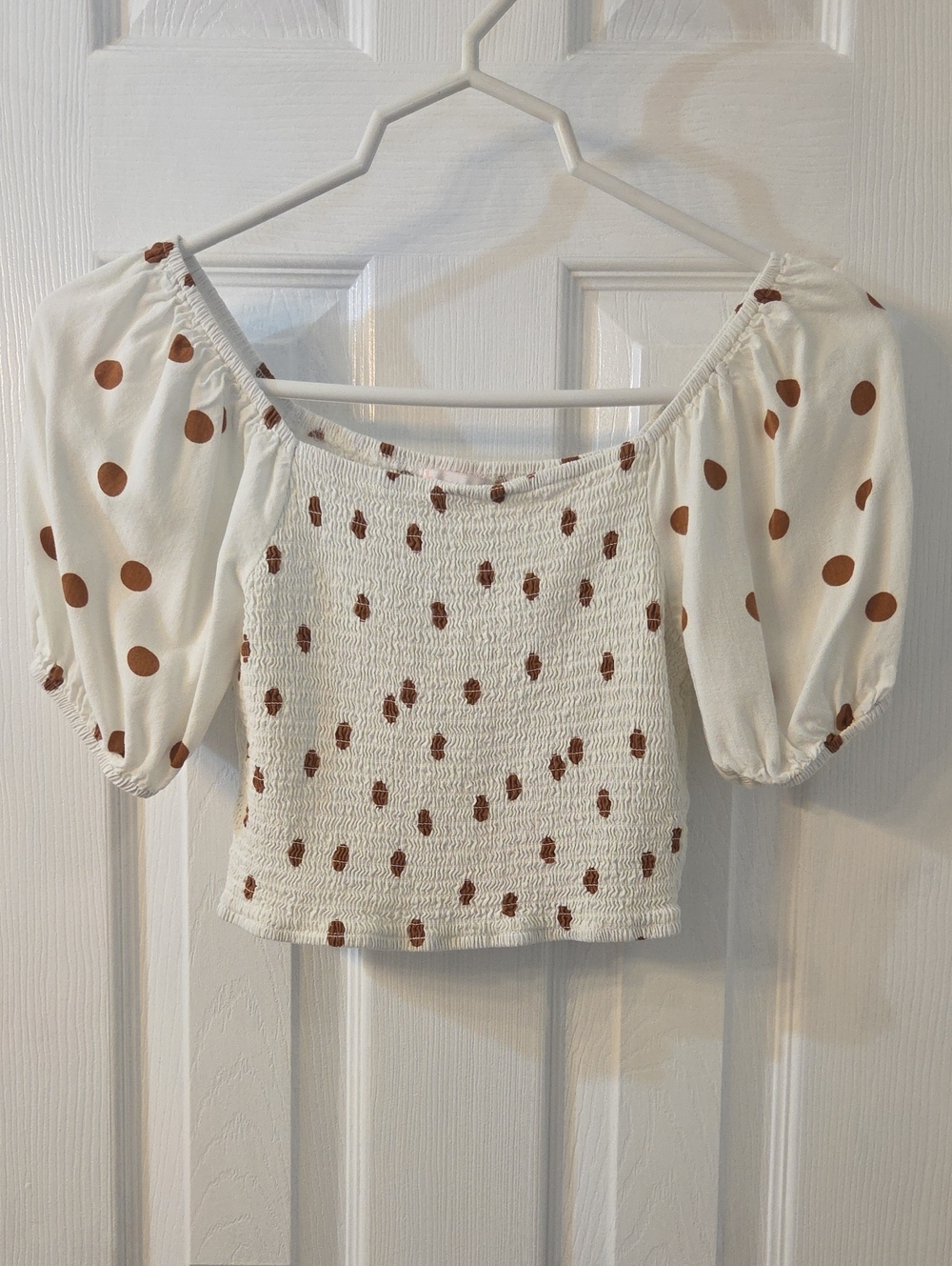 GB girls Cream Smocked Crop Top with Brown Polka Dots